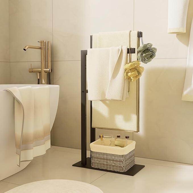 Yawinhe Free Standing Towel Rack, 2 Tier Blanket Holder with Marble Base, Metal Hand Towel Holder for Bathrooms, Drying and Display Rack with Shelf,15.7×7.87×31.49 inch,Black, SMJ003B