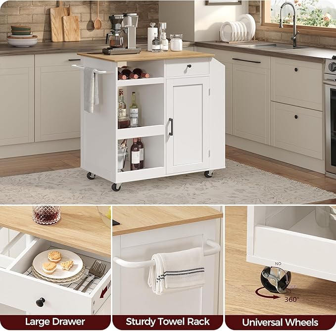 MAHANCRIS Kitchen Island with Power Outlet, Kitchen Storage Island with Drawer, Rolling Kitchen Cart on Wheels, Spice Rack, Towel Rack, Wine Rack, for Dining Room, White and Natural KINW122E01N1