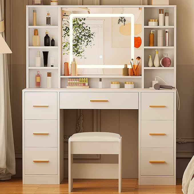 ANWBROAD Vanity Desk Table with Lighted Mirror 39.4“ Girls Makeup Vanity with Power Outlet 3 Colors Lighting Adjustable Brightness Vanity Table for Women Bedroom Dressing Room White UBDT65W