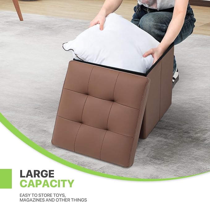 Magshion Small Folding Storage Ottoman Cube, 15 Inches PU Leather Footrest Stool, Square Ottoman with Storage for Entryway, Living Room, Bedroom, Brown