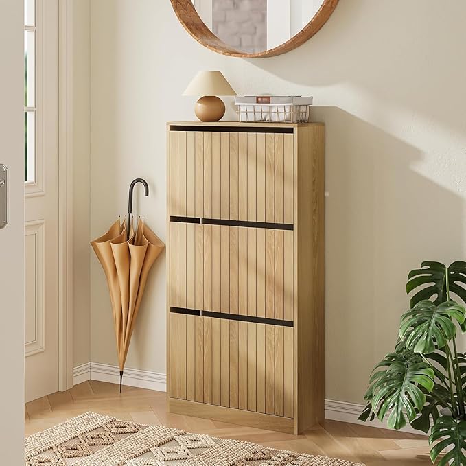 Shoe Storage Cabinet with Vertical Groove Doors 3 Flip Drawers, Narrow Shoe Cabinet Storage for Entryway, Shoe Organizer Cabinet, Slim Shoe Rack Cabinet (Oak)