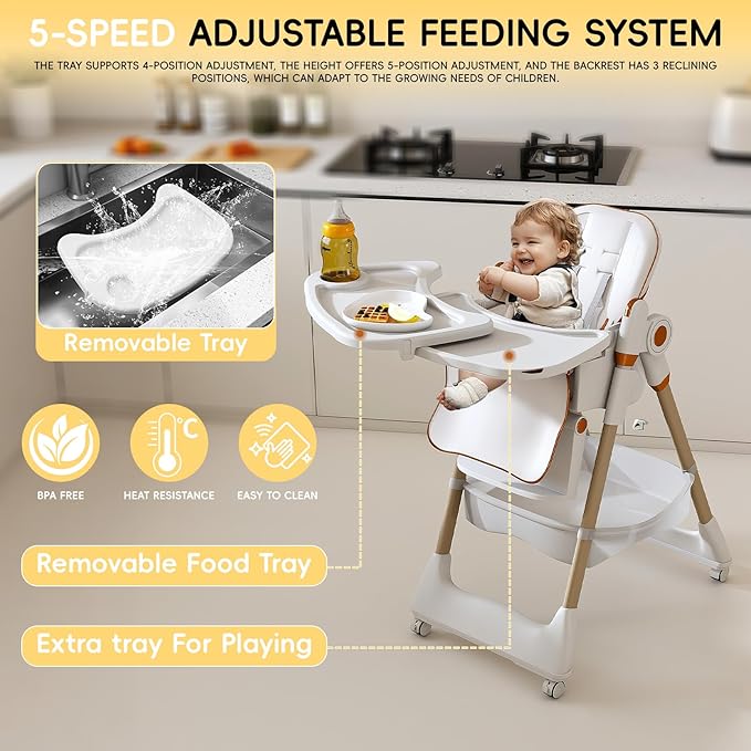 Foldable Baby High Chair with 150° Swing & Recline,Convertible High Chairs for Babies and Toddlers,5 Height Levels,3 Backrest & Footrest Positions,Removable Double Tray,Lockable Wheels (White 1)