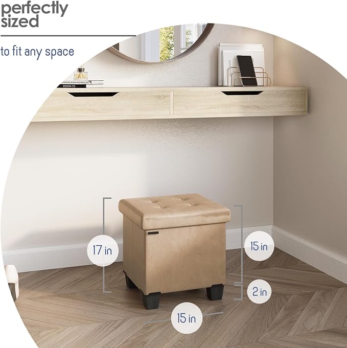 Storage Ottoman Cube with Small Bin, 15-in Square Ottoman with Storage for Living Room and Bedroom, Small Ottomans Foot Rest, Leather Foot Stools Ottomans Max 330lbs, Taupe