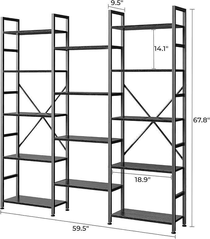 SUPERJARE Triple Bookshelf, Bookcase with 14 Open Display Shelves, Wide Book Shelf Book Case for Home & Office, 5 Tier, Black