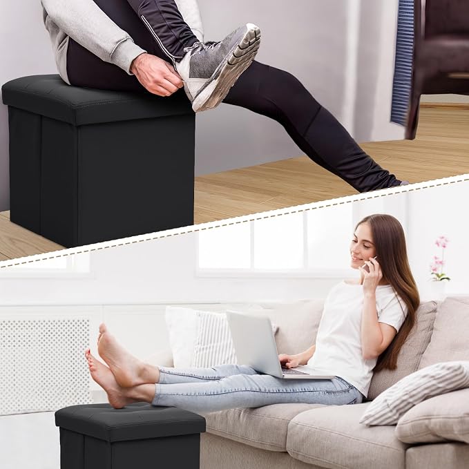 Athena Collection Leather Square Ottoman with Storage, 15 Inch Small Storage Ottoman, Multipurpose Footstool Foot Rest for Living Room, Bedroom, Dorm, Black