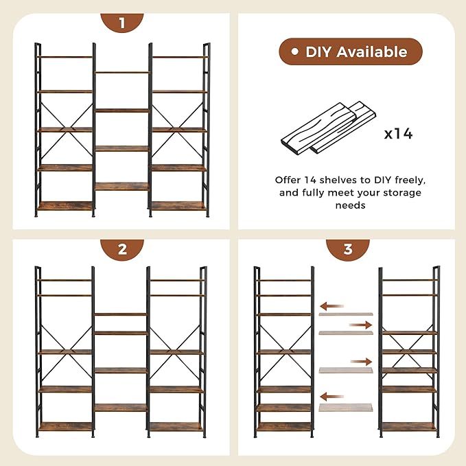 SUPERJARE Triple Bookshelf, Bookcase with 14 Open Display Shelves, Wide Book Shelf Book Case for Home & Office, 5 Tier, Brown