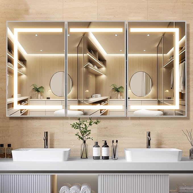 APRILSOUL 48x32 Inch Lighted Bathroom Medicine Cabinet with Mirror, Silver Recessed or Surface Mount Medicine Cabinet Mirror with Storage and LED Lights, 3 Colors Temperature, Dimmable Light