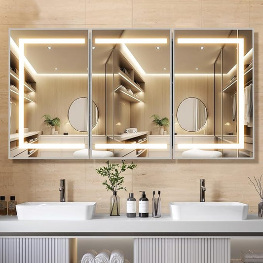 APRILSOUL 48x32 Inch Lighted Bathroom Medicine Cabinet with Mirror, Silver Recessed or Surface Mount Medicine Cabinet Mirror with Storage and LED Lights, 3 Colors Temperature, Dimmable Light