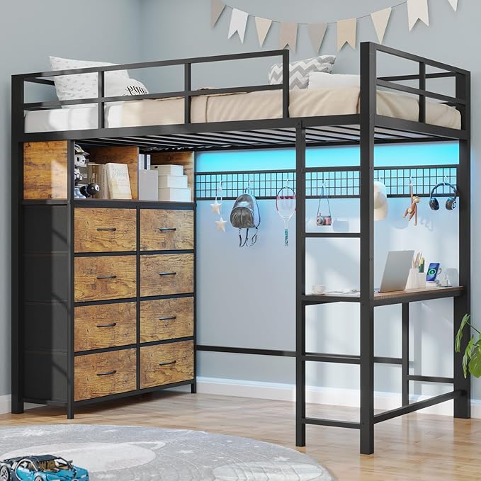 BTHFST Twin Loft Bed with Desk & 8 Storage Drawers Tall Dresser, Metal Loft Bed with LED Lights & Charging Station, 2-Tier Storage Shelves, Stable & Sturdy, Noise Free, Rustic Brown and Black