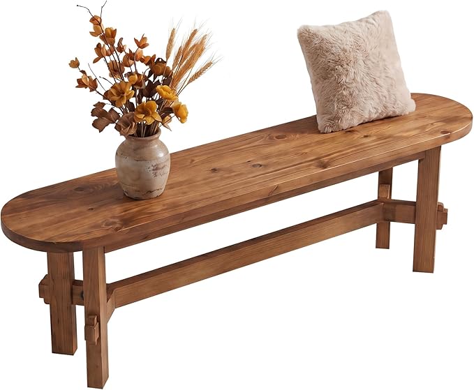 Solid Wood Dining Bench, 55" Wooden Entryway Bench with Thick Block Seat, Farmhouse Rustic Indoor Bench for Dining Table, End of Bed, Hallway, Bedroom, Living Room