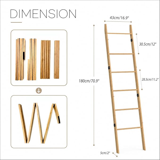 6 Tier Blanket Ladder with Shelf, Wooden Blanket Rack for Living Room, Leaning Towel Ladder Rack for Bedroom, Bathroom, Quilts, Throws, Towels and Farmhouse Décor