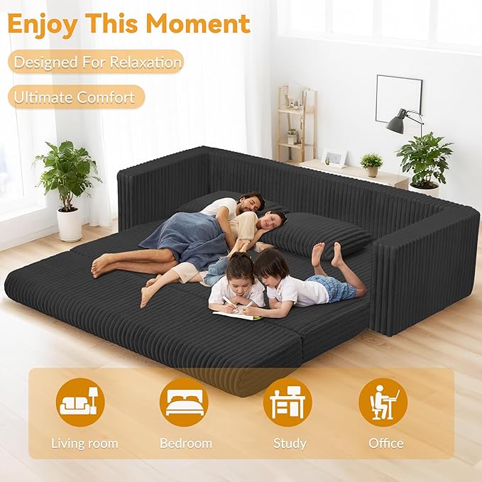 HABUTWAY 78" Loveseat Boneless Couch, 4-in-1 Convertible Sofa Bed, Plush Fur Folding Futon Sofa Bed Couches with 2 Pillows for Living Room, High-Density Foam Support, No Assembly Required, Black