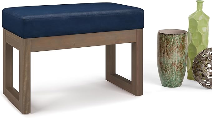 SIMPLIHOME Milltown Small Ottoman Bench - 27" Wide x 18" High Upholstered Vegan Leather Rectangle Footstool Ottoman in Distressed Dark Blue, Contemporary Bench with Cushioned Seat, Assembled