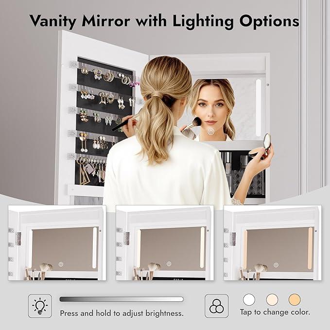 Zamildon's LED Mirror Jewelry Armoire, 360 Swivel Full Length Mirror Jewelry Cabinet, Freestanding Mirrored Jewelry Organizer with Interior LED Lights & Storage Shelves, White