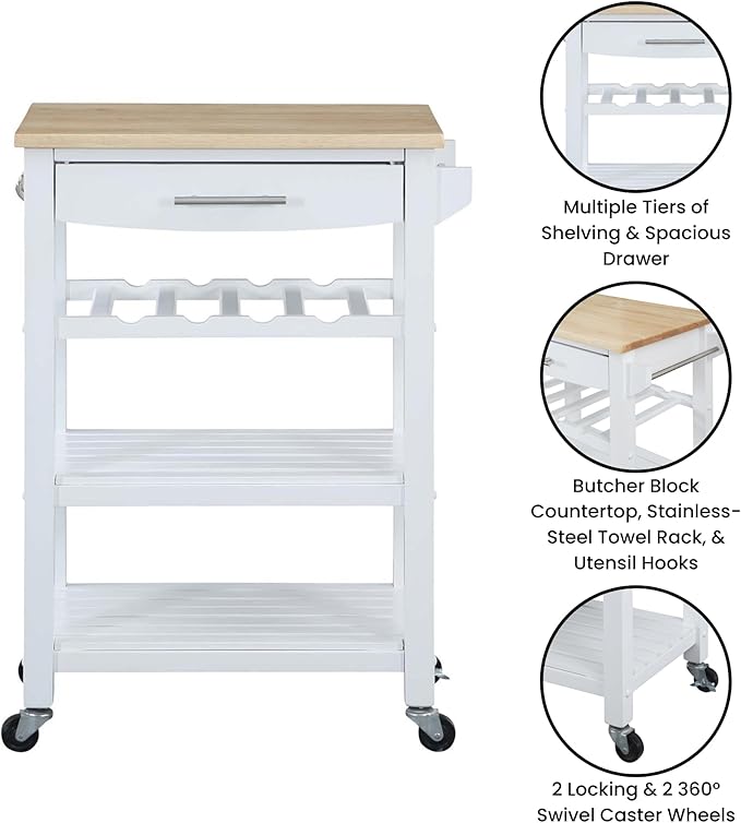 Convenience Concepts Ellaine Butcher Block Kitchen Cart 24.75" - 4 Tier Kitchen Island with Storage Drawer, Dining Room Wine Rack on Wheels, Coffee Station Table, Mobile Utility Trolley, White