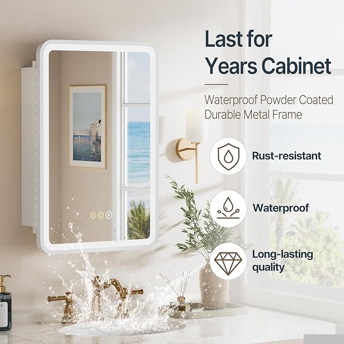 16x24 Inch Medicine Cabinet with Lights,Wall or Recessed Mounted LED Bathroom Mirror Cabinet, Defogger, Storage Shelf, 3 Color Dimmable Light with Memory Function, Left Hinge,White