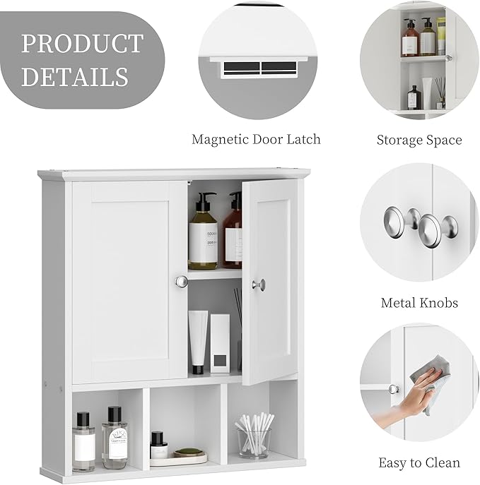 Shintenchi Bathroom Wall Cabinet with Door, Storage Organizer Over The Toilet Medicine, Space Saving with Adjustable & Open Shelf, Solid White