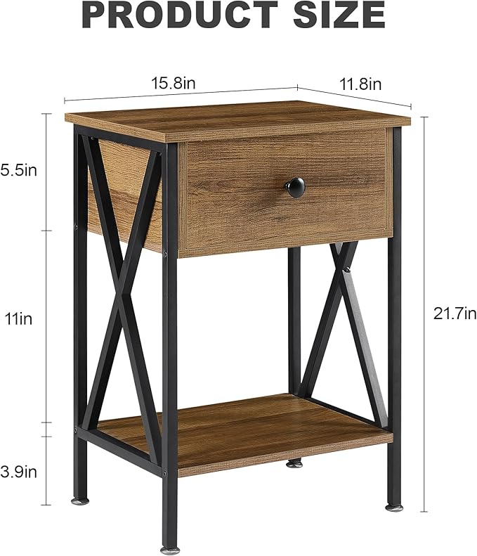 VECELO Nightstands Set of 2, Modern Bedside End Tables, Night Stands with Drawer and Storage Shelf for Living Room Bedroom, Industrial Metal Frame