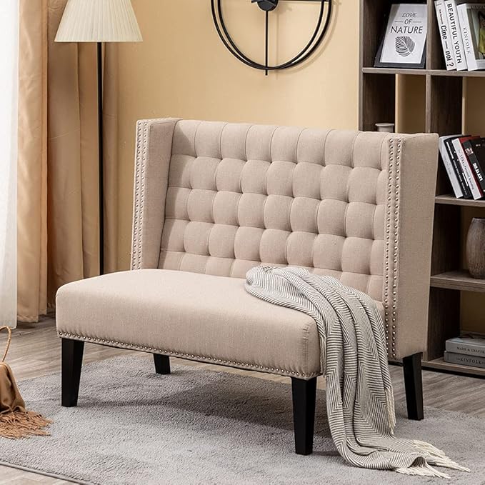 Andeworld Modern Loveseat Settee Bench Sofa Upholstered Banquette Couch for Dining Living Room Hallway or Entryway Seating Funiture with Wooden Legs,Putty