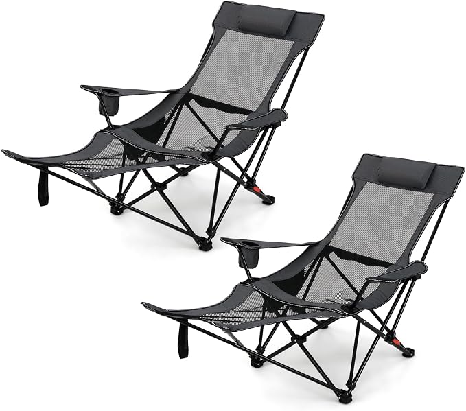 Tangkula Reclining Camping Chair Set of 2, 2 in 1 Porable Folding Lawn Chair with Removable Footrest, 4-Position Adjustable Backrest, Cup Holder & Side Pocket, Carry Bag