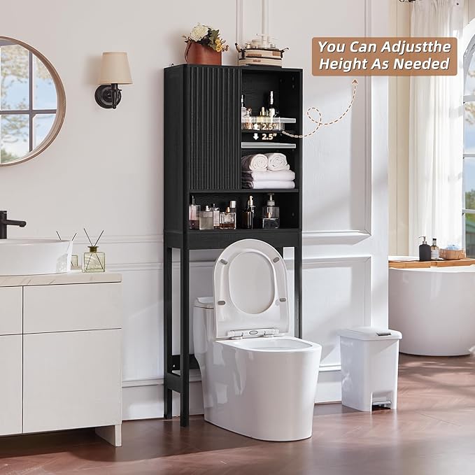 LEYAOYAO Fluted Over The Toilet Storage Cabinet, Farmhouse Over Toilet Bathroom Organizer with a Sliding Door, 68" Tall Black Freestanding Washer Shelf with Adjustable Shelf & Curved Profile