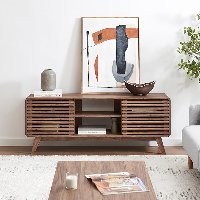 mopio Ensley 59" Tall TV Stand with Slatted Door, Mid Century Modern Entertainment Center for 55-65 inch TV, Farmhouse Media Console with Storage, Adjustable Shelves, Round Edges, Living Room (Walnut)