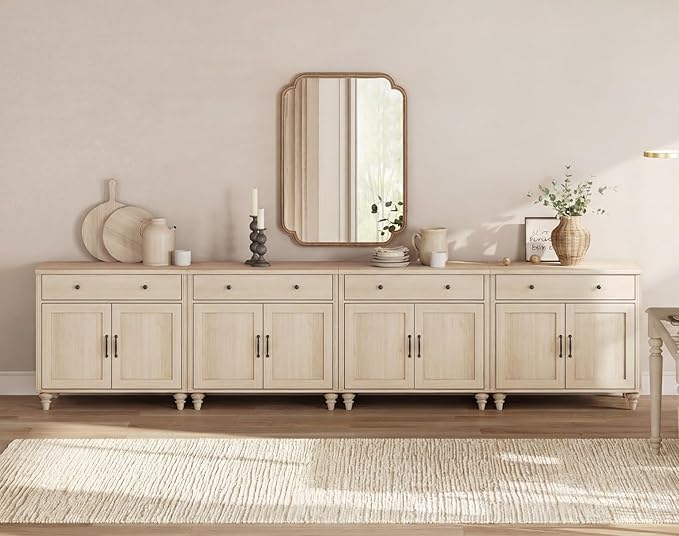 WAMPAT Buffet Cabinet with 8 Doors and 4 Drawers, Large Coffee Bar Table Wood Kitchen Storage Cabinets with Storage, Modern Farmhouse Sideboard Credenza for Dining Room, Beige, 136 inch