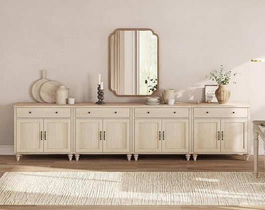 WAMPAT Buffet Cabinet with 8 Doors and 4 Drawers, Large Coffee Bar Table Wood Kitchen Storage Cabinets with Storage, Modern Farmhouse Sideboard Credenza for Dining Room, Beige, 136 inch