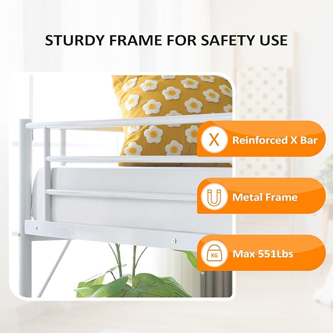 VINGLI Loft Bed Full Size with Flat Rungs for Adults, Kids and Young Teens, No Box Spring Required,Heavy Duty Metal Slat Support,White