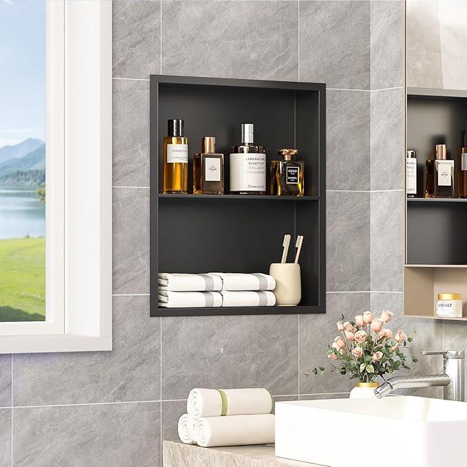 14x18 Recessed Medicine Cabinet, Bathroom Wall Cabinet, 304 Stainless Steel Recessed Wall Niche with 2-Tiers Shelves, Matte Black