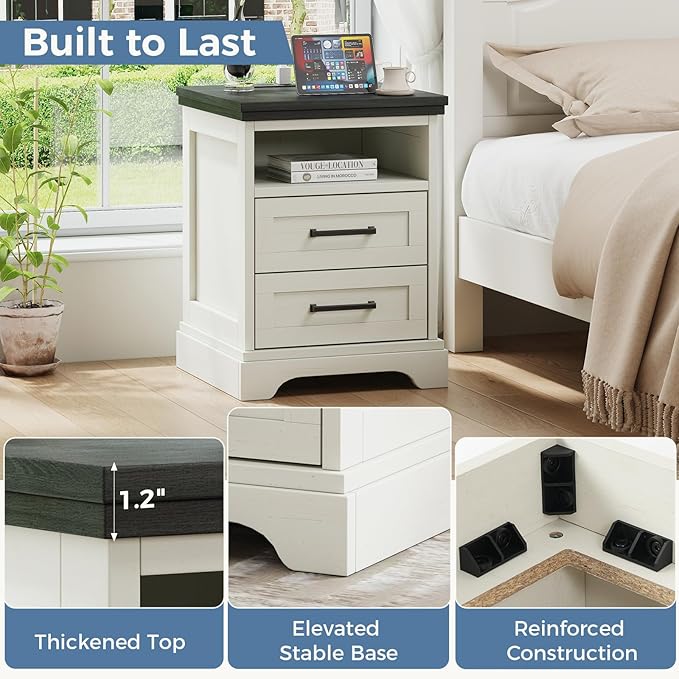 DUMOS Nightstand with Charging Station, Wood Farmhouse Bedside Table with 2 Drawers and Open Shelf, Wood End Table, Modern Side Table for Bedroom, White