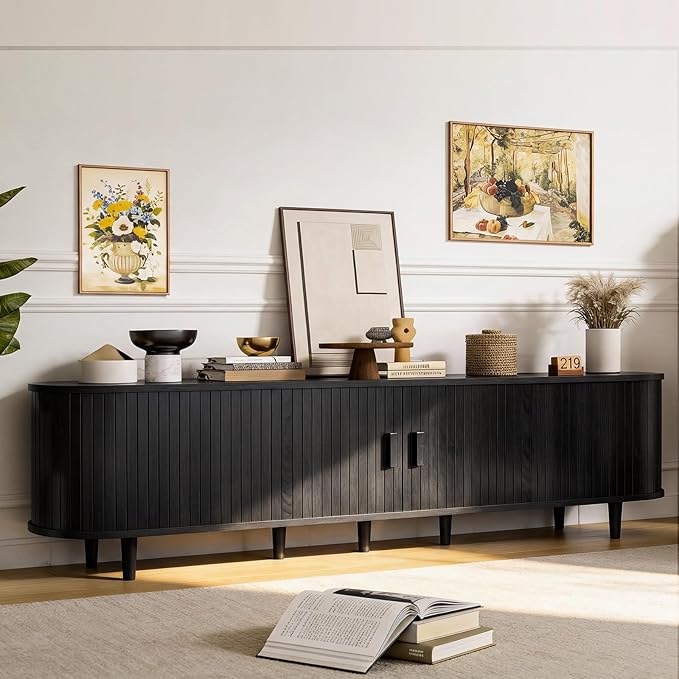 80" Mid Century Modern TV Stand, Wood TV Consoles with Sliding Doors and Power Outlet, Fluted Entertainment Center with Adjustable Shelves, Media Console for Living Room, Black