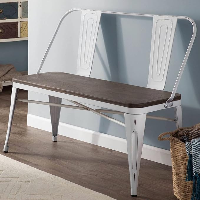 YOLENY Dining Bench, Entryway Bench with Back, Farmhouse Metal Dining Bench, Industrial Mid-Century 3 Person Rustic Spindle Bench, with Wood Seat, Removable Backrest, 42in, White
