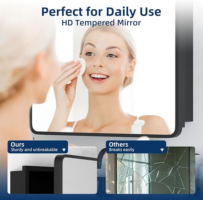 Medicine Cabinet with Mirror, 20x26 Inch Black Bathroom Mirrored Cabinet, Metal Framed Wall Cabinet with Beveled Mirror, Modern Surface Mount or Recessed Medicine Cabinet with Storage