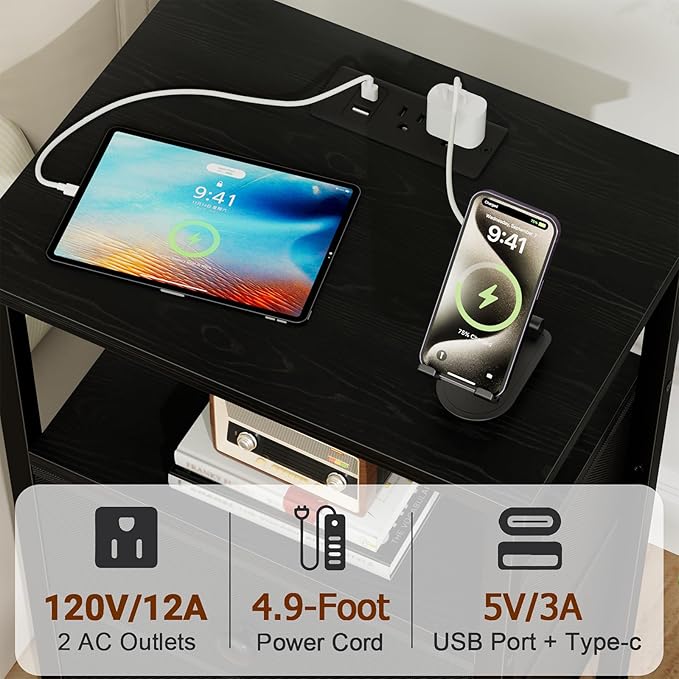 LOAKEKEL Night Stand, Nightstand with Charging Station, Slim Industrial Bedside Table with 2 Fabric Drawers, Small End Table with USB & Type-C Ports for Bedroom, Black, HETS020BK-1