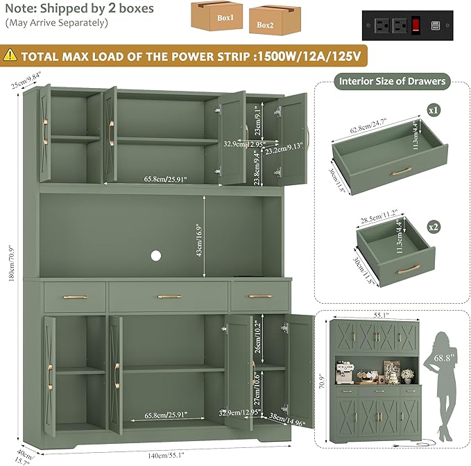 HOSTACK 71" Tall Pantry Cabinet with Charging Station, 55" Wide Kitchen Pantry Storage Cabinet with Countertop, Large Kitchen Hutch with Storage Drawers and Microwave Stand for Dining Room, Green