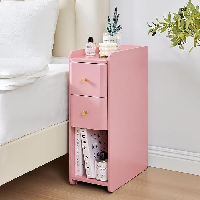 Pink Narrow Nightstand, Wooden Small 2 Drawer Nightstand, Slim Side End Table, Skinny Bedside Table, Mid Century Modern Night Stand with Drawers, for Living Room (Pink-1 pc)