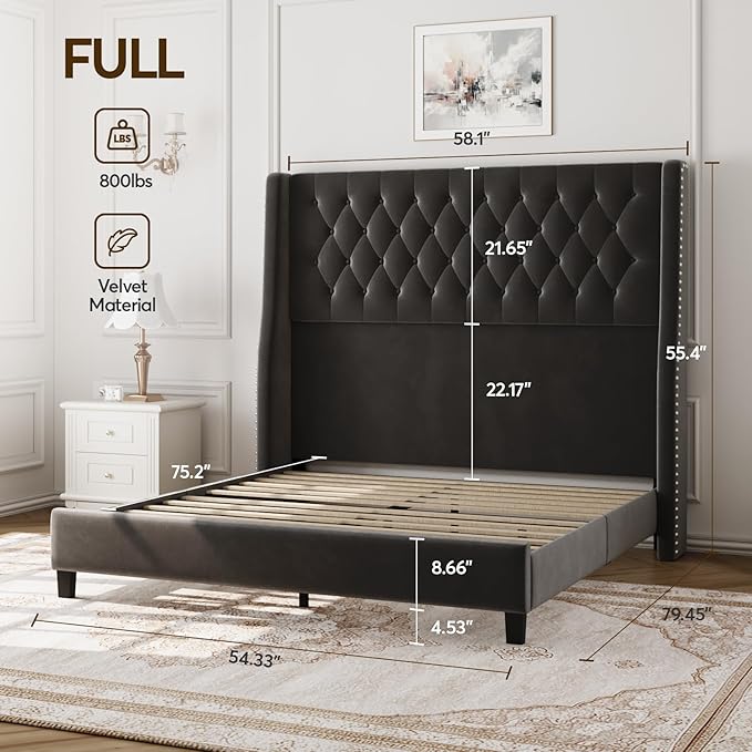 Full Bed Frame with 55" Tall Headboard, Upholstered Bed Frames, Soft Fabric, Button Tufted Headboard with Windback, Platform Bed, Noise-Free, No Box Spring Needed, Grey