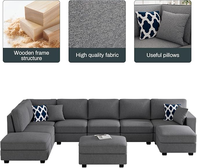 Legend Vansen Oversized Modular Sectional Sofa,U/L‑Shaped Reversible Couch with Ottoman,Deep Seat Plush Polyester Sofa for Living Room,9‑Seater,Dark Grey