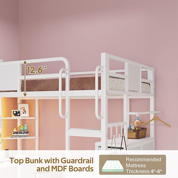 BYSAUD Loft Bed with Desk, Loft Bed Twin Size with 6 Storage Drawers & 4 Storage Shelves,Twin Loft Beds with LED Lights & Charging Station, Bunk Bed with Safety Guard, No Box Spring Needed, White