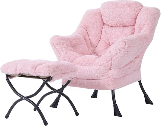Tiita Lazy Chair with Ottoman, Pink Modern Large Accent Chair, Comfy Leisure Sofa Armchair with Ottoman, Reading Chair with Footrest for Bedroom, Living Room, Dorm Rooms, Plush Pink