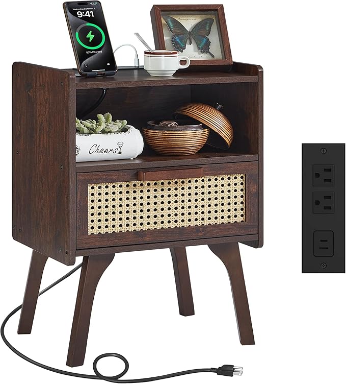 Lerliuo Rattan Nightstand with Charging Station, Walnut Bedside Table with Drawer Open Shelf, Cane Accent Side End Table with Solid Wood Legs, Night Stand for Bedroom, Dorm and Small Spaces