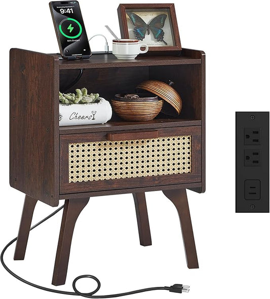Lerliuo Rattan Nightstand with Charging Station, Walnut Bedside Table with Drawer Open Shelf, Cane Accent Side End Table with Solid Wood Legs, Night Stand for Bedroom, Dorm and Small Spaces