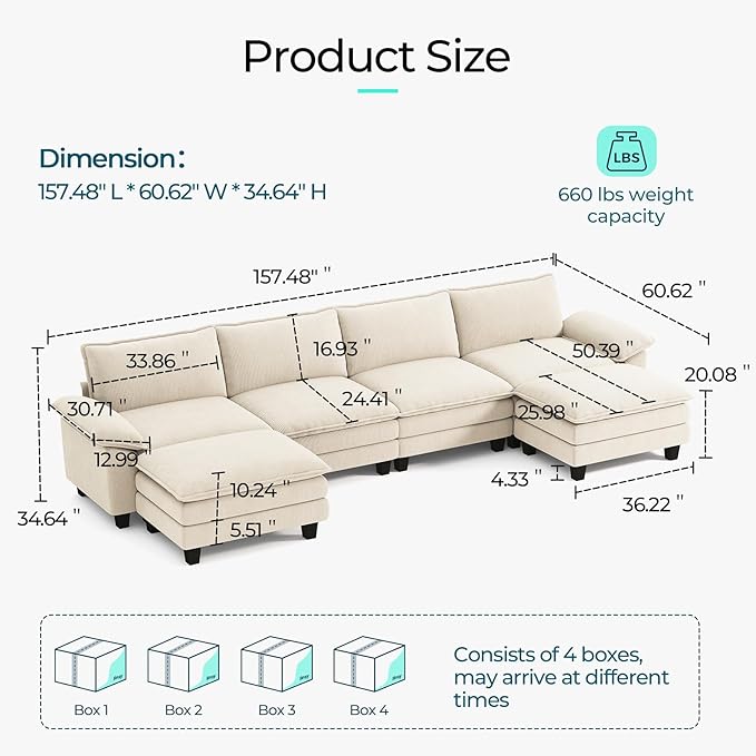 LINSY HOME 157" Modular U-Shaped Sectional Sofa, 4-Seat Corduroy Modern Cloud Couch with Deep Seat & 2 Movable Ottoman, Perfect for Living Room, Office, Bedroom, Beige