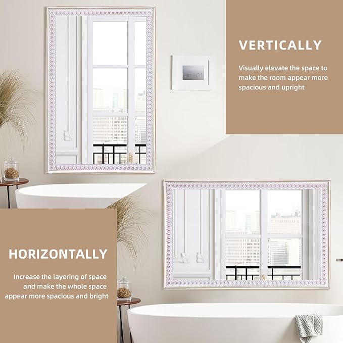 35x23 Inch Rustic Farmhouse Rectangle Mirror for Bathroom Over Sink, Wooden Boho Decorative Mirrors for Wall, Entryway, Living Room, Bedroom (Vertical/Horizontal)