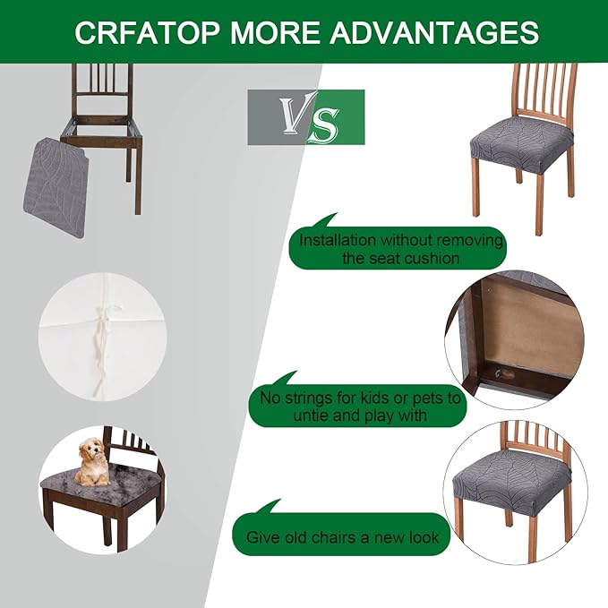 CRFATOP Waterproof Dining Room Chairs Seat Covers Set of 4 with Stretch Bench Slipcover Jacquard Kitchen Chair Slipcover Washable Seat Cushion Slipcover for Hotel Banquet Wedding Party, Dark Grey