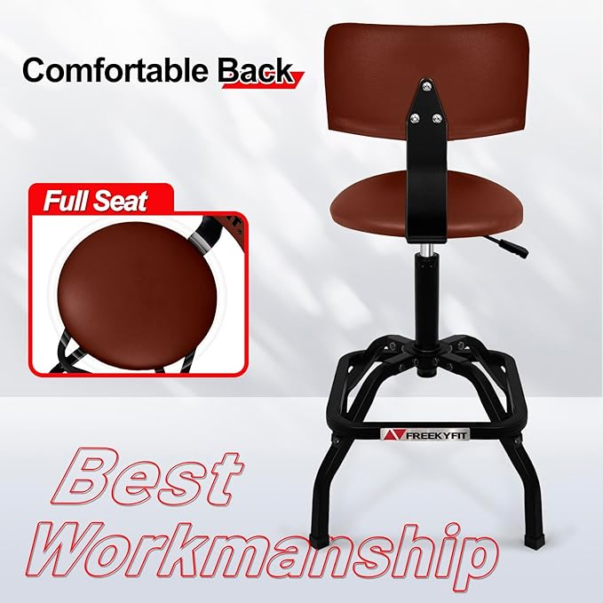 Shop Stool with Backrest, Mechanic Garage Stool for Workshop, Adjustable Shop Stools Chair, Padded Workbench Stools for Men Women, 300 LBS Capacity, 360° Swivel PVC Seat, Heavy Duty, Brown