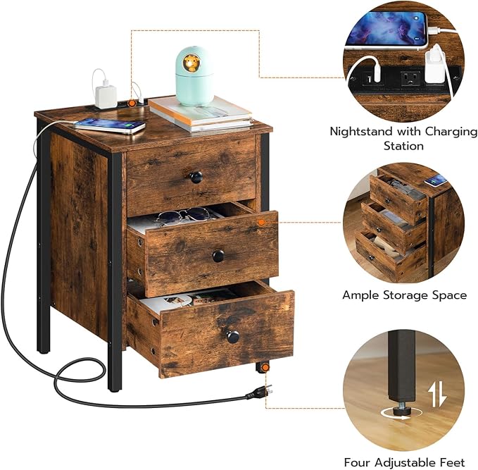 HOOBRO Nightstand with Charging Station, Side Table with 3 Drawers and Storage Shelf, End Table with USB Port, Retro Industrial Style Bedside Table, for Living Room, Bedroom, Rustic Brown BF461BZ01G2