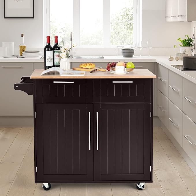 COSTWAY Kitchen Island on Wheels, Kitchen Cart with Side Towel Bar, 2 Drawers, 2 Door Cabinet, Rolling Storage Trolley Cart with Rubber Wood Top & Lockable Casters (Brown)