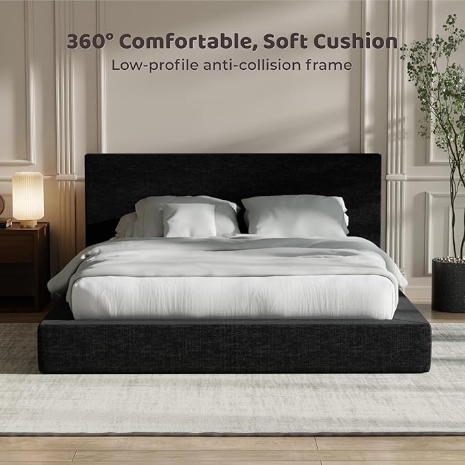 RECCI AirFrame Full Size Bed Frame with Headboard, Cloud Upholstered Platform Bed Frame, 5 Inch Foam Cushioned, No Box Spring, Easy Assembly (Onyx Black)